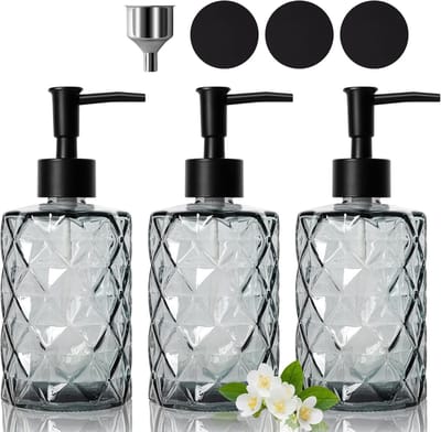 Thijox - 3 Stuks Vloeibare Zeepdispenser met Pomp - Zwart Glazen Zeepdispenser voor Badkamer en Aanrecht - BPA-vrij, Antislip, Inclusief Onderzetters