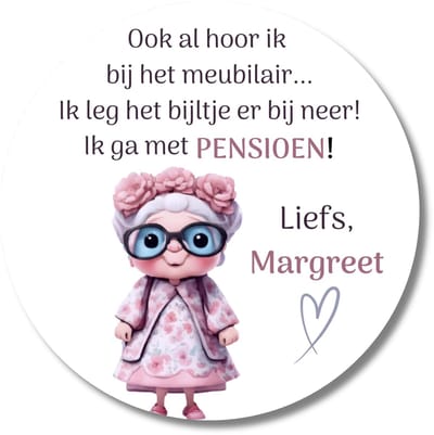 Pensioen stickers vrouw – 20 stuks – met naam – grappig afscheid werk – 40 mm