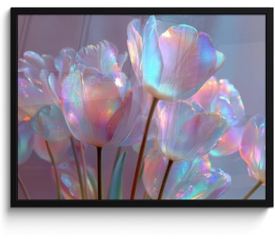 Poster in lijst - Fotolijst 70x50 cm - Posters - Tulpen - Glazen - Bloemblaadjes - Pasteltinten - Posterlijst zwart - Decoratie - Wanddecoratie woonkamer - Muurdecoratie slaapkamer