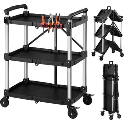 VEVOR Service-/Werkplaatstrolley van ABS, opvouwbaar, 790x500x1050 mm, zwart, rolwagen met een draagvermogen van 136 kg, inclusief 3 niveaus, 4 zwenkwielen en handgrepen, afsluitbaar, multifunctionele trolley voor garage, magazijn en werkplaats