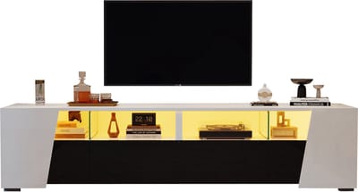 Wishdor - Tv-Meubel - Ledverlichting En Opbergruimte - Modern - Voor Woonkamer - MDF En Glas - Wit En Zwart - 180 X 38,5 X 45 Cm
