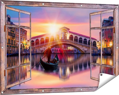 Gards Tuinposter Doorkijk Gondel bij de Rialtobrug in Venetië, Italië - 120x80 cm - Tuindoek - Tuindecoratie - Wanddecoratie buiten - Tuinschilderij