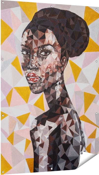 Gards Tuinposter Afrikaanse Vrouw in Driehoekjes - Abstract - 100x150 cm - Tuindoek - Tuindecoratie - Wanddecoratie buiten - Tuinschilderij