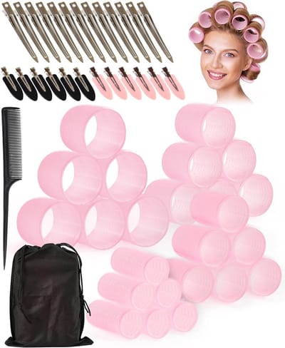 Grote Haarrollers met Clips - 50 Stuks Zelfklevende Haarrollers voor Volume en Krullen - 4 Maten (60/48/36/25mm) voor Lang en Kort Haar - Inclusief Puntkam en Opbergtas voor Gemakkelijk Gebruik
