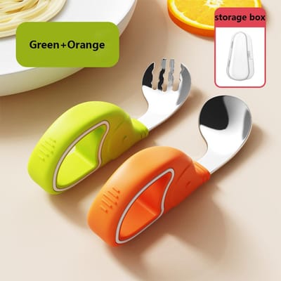 Fourchette et Cuillère pour Tout-Petit en Acier Inoxydable, Alimentation-Lave-Vaisselle(Vert, Orange) yellow