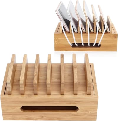 Multifunctionele Houten Telefoon en Tablet Stand met Organizer Tray voor Desk Organization en Opslagoplossingen