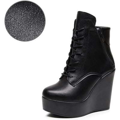 10cm 12cm Kleine Maat 33-43 Mode Platform Sleehakken Schoenen Dames Laarzen Leer Hoge Hakken Motor Enkellaarsjes Kantoor Moeder 36 black