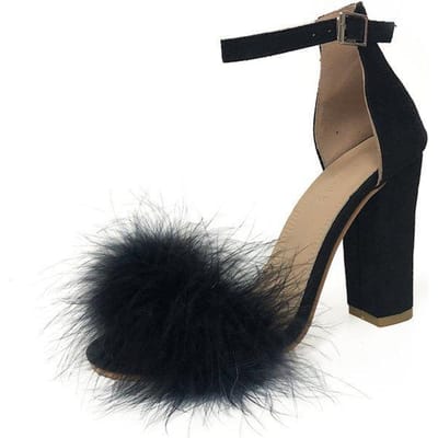 Vrouwen zomer sandalen pluizige peep toe hoge hakken veer dame trouwschoenen groot formaat 39 zwart