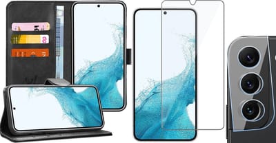 Hoesje geschikt voor Samsung Galaxy S22 - Book Case Kunstleer Wallet Cover Portemonnee Pasjeshouder Hoes Zwart - Tempered Glass Screenprotector - Camera Lens Protector
