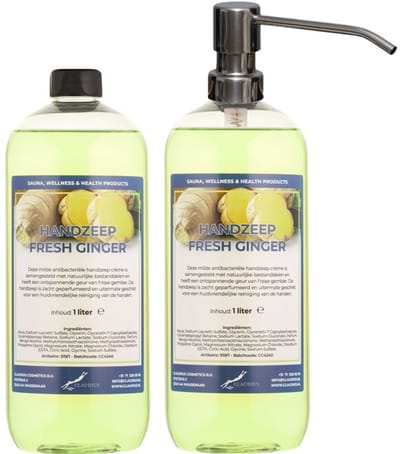 Handzeep Fresh Ginger 1 liter - set van 2 stuks - met gratis RVS zilverkleurige pomp - Voordeelverpakking