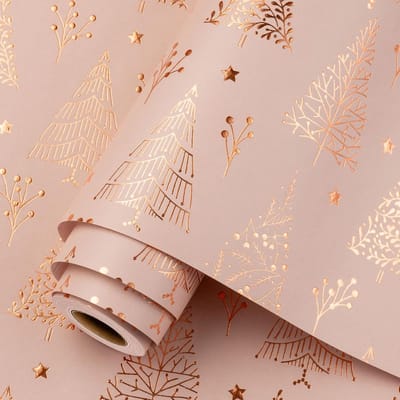 Kerst inpakpapier rol 3D reliëf kerstboom ster rose goud roze 43x10m
