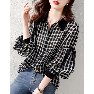 Leeftijdsverlagend Geruit Lente Shirt Dames Nieuw Lente Koreaanse Versie Splicing Kraag Temperament Elegant Manchet Shirt 2XL zwart
