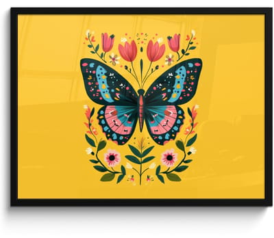 Poster in lijst - Fotolijst 70x50 cm - Posters - Bloemen - Kleurrijk - Vlinder - Sierlijk - Posterlijst zwart - Decoratie - Wanddecoratie woonkamer - Muurdecoratie slaapkamer