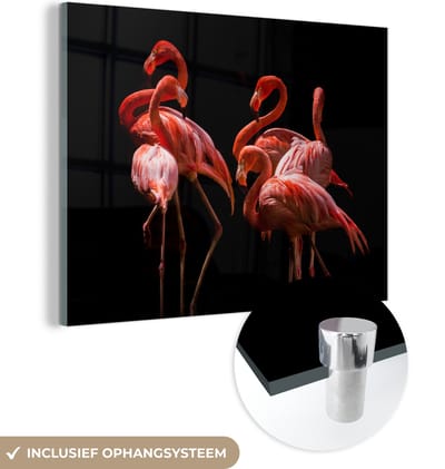 MuchoWow® Glasschilderij 160x120 cm - Schilderij acrylglas - Flamingo's - Vogels - Veren - Zwart - Foto op glas - Schilderijen