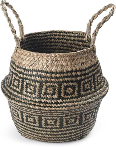 Vlechtwerk plantenpot van zeegras met handvatten, opvouwbaar voor opslag van was, dekens en speelgoed (22 x 20 cm, zwarte streep)
