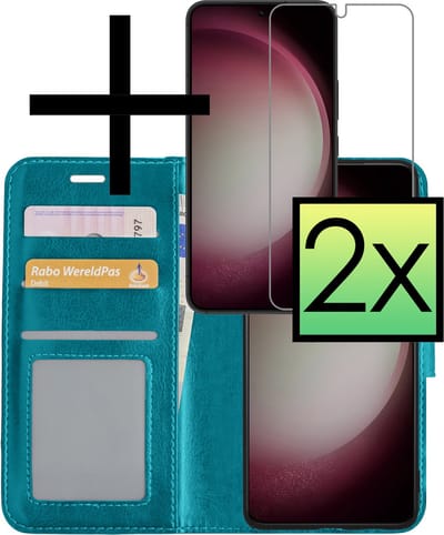 Hoesje - Met 2x Screenprotector - Geschikt voor Samsung Galaxy S23 - Luxe Pasjeshouder - Bookcase Portemonee - Flip Case - Kunstleer Book Case - Flipcase Hoes - Book Cover - Walletcase - Portemonneehoes - Turquoise