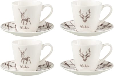 J-Line theemok + schotel Rendier - keramiek - wit/bruin - giftbox van 4