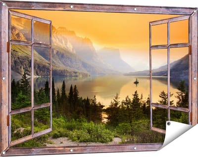 Gards Tuinposter Doorkijk Bergen met een Meer in Nationaal Park Glacier - 120x80 cm - Tuindoek - Tuindecoratie - Wanddecoratie buiten - Tuinschilderij