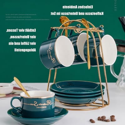 Set van 6 Luxe Cappuccino en Theekopjes met Schotels (150ml) in Matte Blauwe Porselein met Gouden Rand, Perfect voor Koffie en Thee