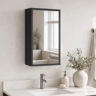 MODFU Badkamerkast Met Spiegeldeur – 40x15x60 cm – Wandmontage – Ruimtebesparend – Staal & Aluminium – Zwart – Opbergkast Badkamer