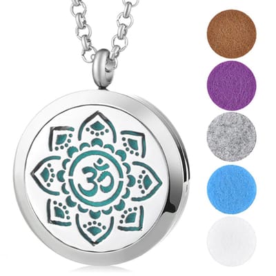 Geurketting Lotus met Sanskrit Ohm | Ketting 60CM met aroma therapie medaillon | Geur hanger met lotus en sanskrit om 30mm