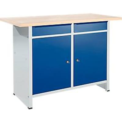 Compacte werkbank Easy met 2 scharniere vleugeldeuren en 2 schuifladen, B 1400 x D 600 x H 840 mm, grijs/gentiaanblauw
