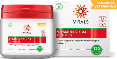 Vitals Vitamine C + D3 gummies - 120 gummibeertjes. 100% vegan en vrij van toegevoegde suikers.