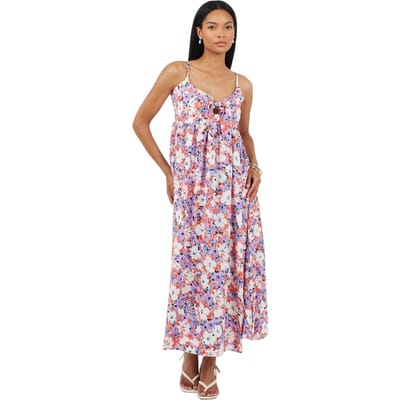 Brave Soul Maxijurk met spaghettibandjes en bloemenprint voor dames (Koraal/paars)
