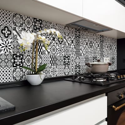Zelfklevende tegelmuurstickers voor keuken en badkamer - 24 cementtegelstickers, zwart Azulejos - 24 stickers, 30x30cm