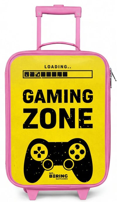 NoBoringSuitcases.com® - Kinderkoffer roze - Kindertrolley meisje - Zwart-geel met gaming zone - Koffer kind lichtgewicht - Reiskoffer trolley voor kinderen - Koffertje met lichtgevende wieltjes - Rolkoffer