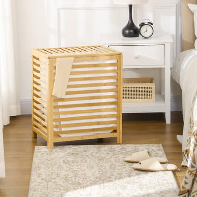 MODFU Wasmand Met Deksel En Uitneembare Binnentas - Natuurlijk Ontwerp - Bamboe - Naturel - 50 x 36 x 60 cm