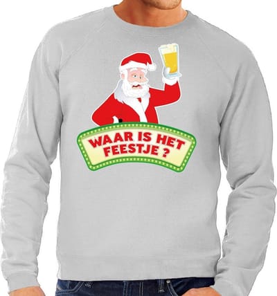 Bellatio Decorations Foute kersttrui voor heren - grijs - dronken Kerstman - Waar is het Feestje - raglan mouwen S