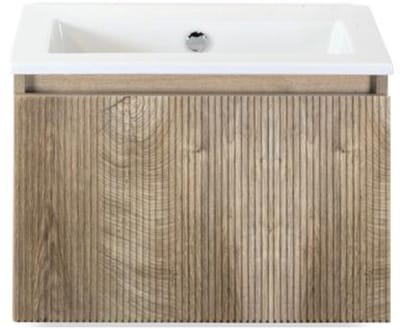 Frozen 3D Badmeubelset 60 cm - Greeplijst in Kleur - Grain Oak - Keramische Wastafel Wit Zonder Kraangat