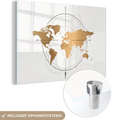 ® Glasschilderij 180x120 cm - Schilderij acrylglas - Wereldkaart - Goud - Kompas - Kinderen - Jongens - Meisjes - Foto op glas - Muurdecoratie woonkamer - Wanddecoratie slaapkamer - Schilderijen