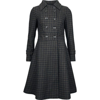 Voodoo Vixen - Rockabilly Lange jassen - Double Breasted Collared Check Coat - M tot XL - voor Vrouwen - zwart-bruin
