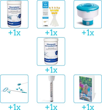 Zwembad Onderhoudspakket - Onderhoud Zwembad - bevat Chloor - Testrips - Chloordrijver - Chloor - Schoonmaakset - Thermometer en Zwembadgids (7-delig)