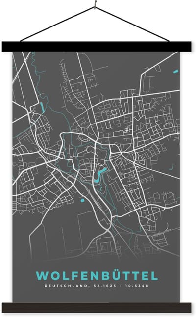 Posterhanger incl. Poster 40x60 cm - Schoolplaat - Stadskaart – Plattegrond – Duitsland – Blauw – Wolfenbüttel – Kaart - Textielposter - Zwarte latten - Stadskaart