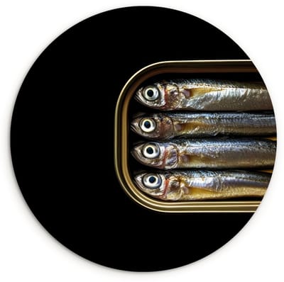 WallCircle® Wandcirkel 90x90 cm - Muurcirkel Sardines - Blik - Zwart - Vissen - Muurdecoratie woonkamer - Wanddecoratie slaapkamer - Kamer decoratie accessoires - Ronde schilderijen