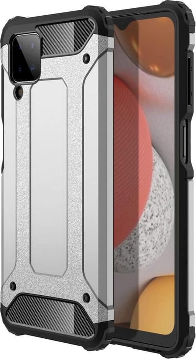Schokbestendig Heavy Duty Hoesje Geschikt voor: Samsung Galaxy A42 4G Shock Proof Hybride - Back Cover - Dual Layer Armor Case - Extra Stevig - Zilver