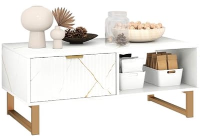 Marmeren effect salontafel met opbergruimte, moderne woonkamer tafel met lade en open planken