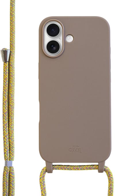 xoxo Wildhearts silicone case met koord - Telefoonhoesje geschikt voor iPhone 17 - Backcover met telefoonkoord - Hoesje met koord - telefoonketting - verstelbaar koord - Bruin