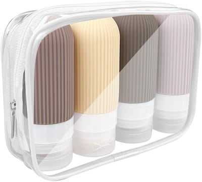 JHUBERS- Reiscontainers 4 stuks - Vliegtuigflessenset - Siliconen Flessen 100 ml - Hygiëneproducten - Douchegel/Lotion - Veilig Materiaal - Reisflessen