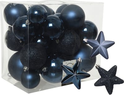Kerstballen en sterren ornamenten - set 32x stuks - kunststof - donkerblauw