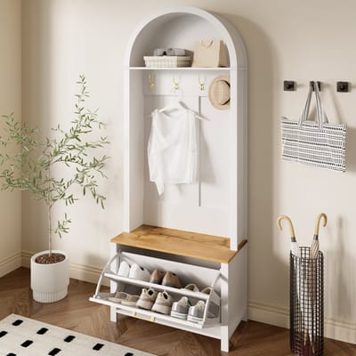 MIVRAY Garderobekast - Met Haken Legplank En Schoenenrek - Opbergmeubel Voor Hal En Entree - 75x35x195 cm- MDF - Wit Houtlook