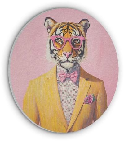 Akoestisch wandpaneel rond 30x30 cm - Vilt schilderij Tijger - Bril - Geel - Jasje - Ronde akoestische panelen - Geluidsdempende wanddecoratie - Geluidsisolatie wandcirkel - Muurdecoratie geluidspanelen