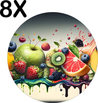Luxe Ronde Placemat - Tropisch Fruit met Splashes - Set van 8 Placemats - 50x50 cm - 2 mm dik Vinyl - Anti Slip - Afneembaar