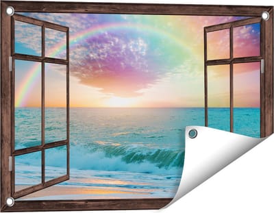Gards Tuinposter Doorkijk Regenboog in het Water bij het Strand - 60x40 cm - Tuindoek - Tuindecoratie - Wanddecoratie buiten - Tuinschilderij