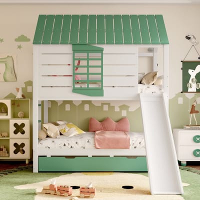90x200 cm stapelbed met glijbaan en uitschuifbaar bed - hoogslaper - wit en groen
