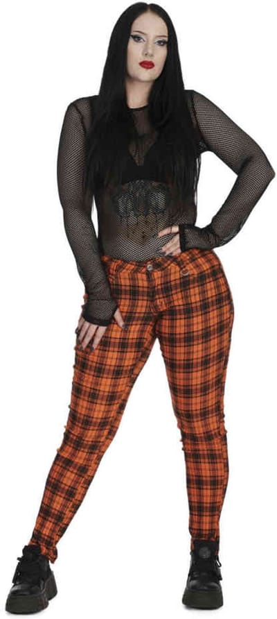 Banned - Forever Yours Check Skinny fit broek - L - Oranje/Zwart