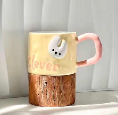 Clever Keramische Mok – Geel Beker met Konijntje – Schattige Cup - 410 ml